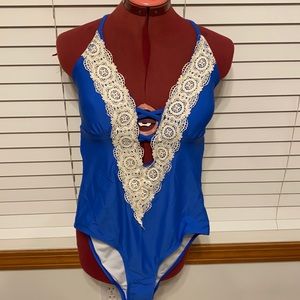Small, blue and white, Cupshe one piece swimsuit.